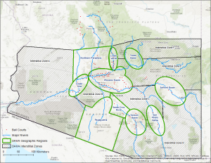 Map of central and southern Arizona showing bounded geographic subareas and interstitial areas for the Huhugam region
